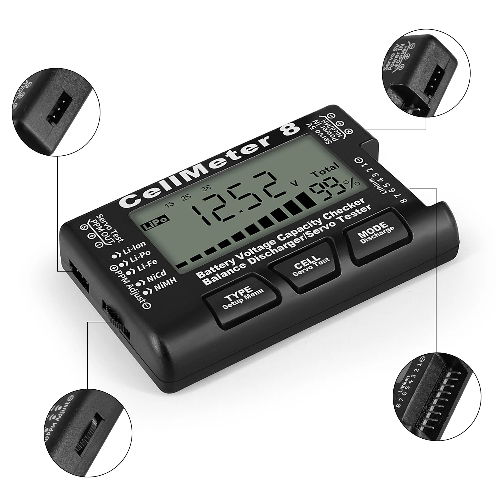 8 in 1 CellMeter Battery Capacity Tester Digital RC LiPo Li-ion NiMH Checker