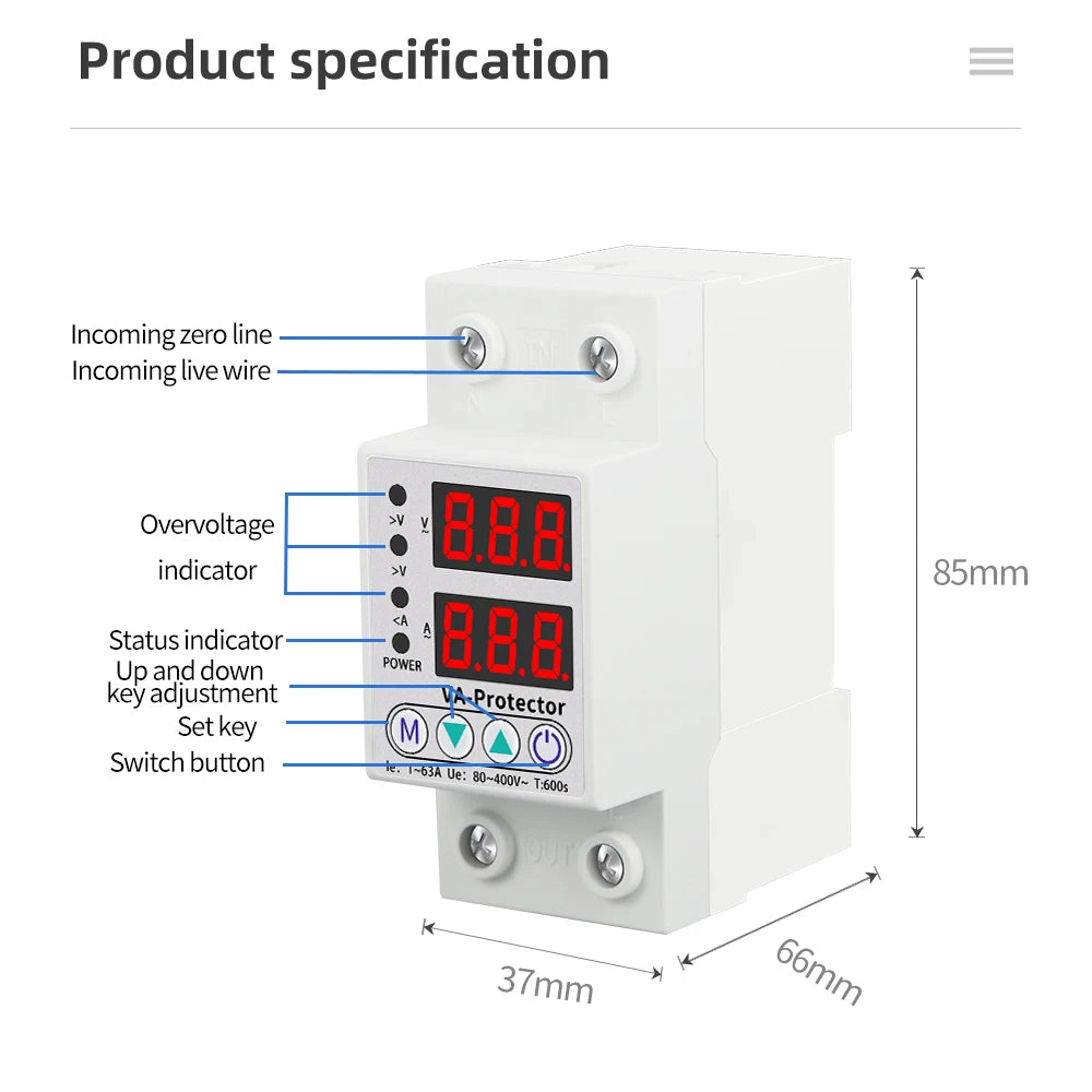 40A/63A Adjustable Digital Voltage Relay 220V Circuit Breaker Surge Protector Over & Under Current Protection