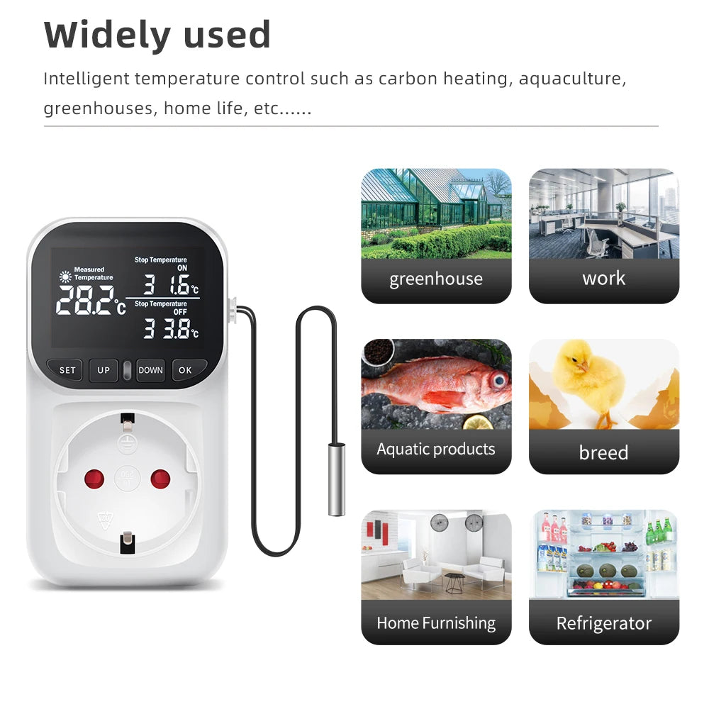 220V EU Plug Digital Temperature Controller Socket with LCD Timer Switch and Sensor