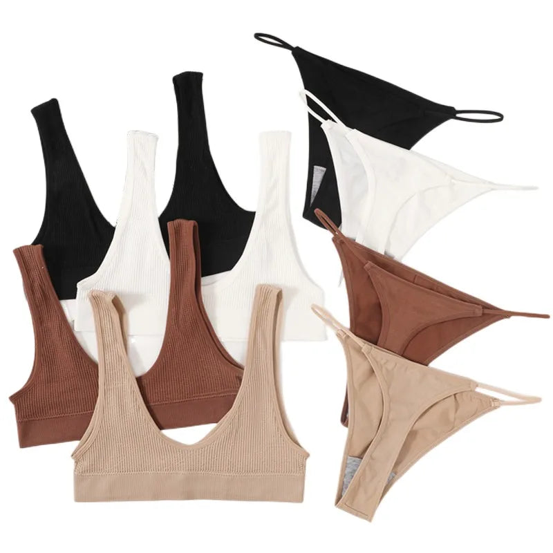 CowLost | women-seamless-bras-set-plunge-tops-non-wire-bralette-low-waist-g-string-thongs-solid-color-underwear-female-sexy-lingerie-set |1