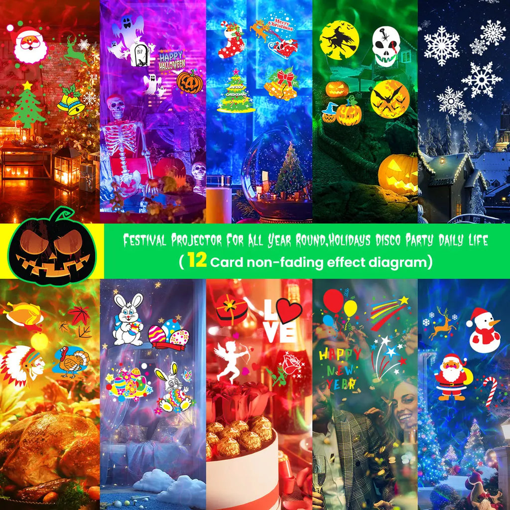 2-in-1 Halloween & Christmas Outdoor Projector Light with 12 HD Slides, Water Wave, Timer & Remote