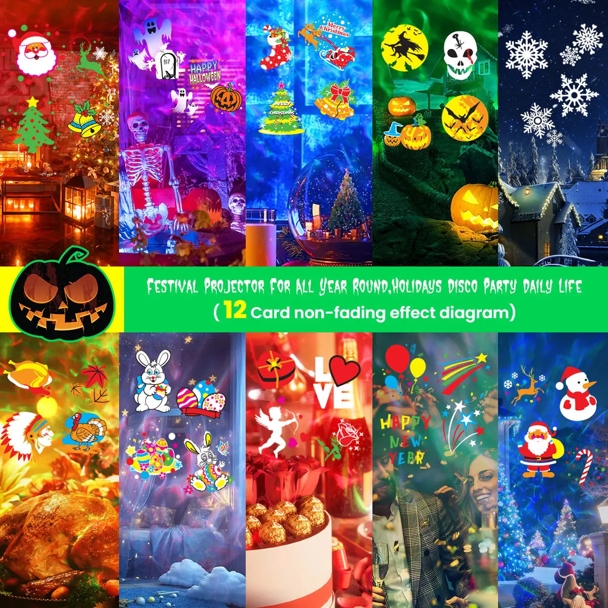 2-in-1 Halloween & Christmas Outdoor Projector Light with 12 HD Slides, Water Wave, Timer & Remote