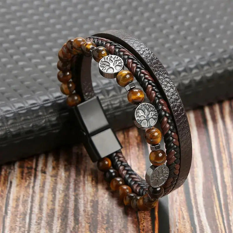 CowLost | high-quality-leather-bracelet-men-classic-fashion-tiger-eye-beaded-multi-layer |11