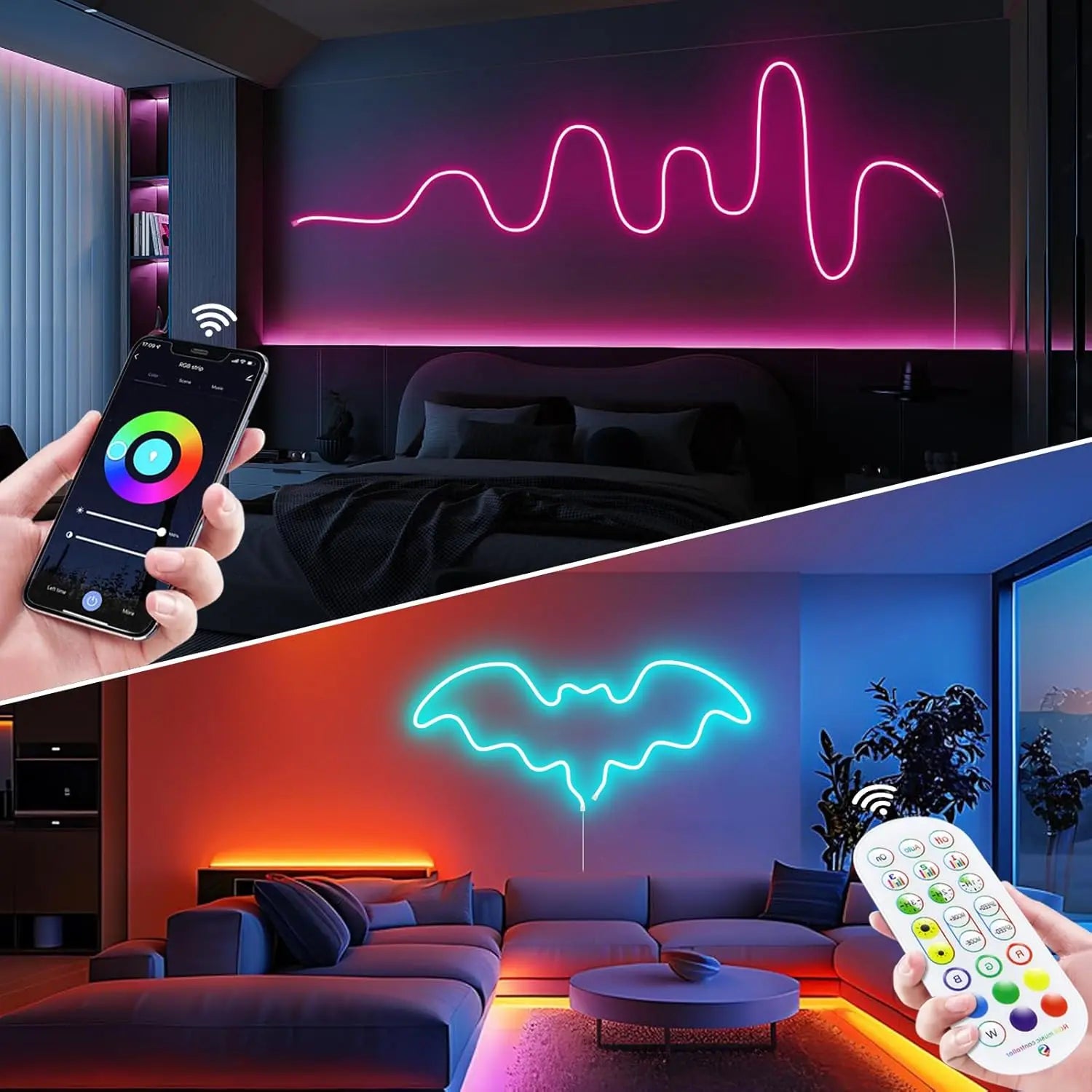 10M/5M Neon RGB 12V Waterproof LED Strip Lights with WiFi, Music Sync, Remote & App for Bedroom