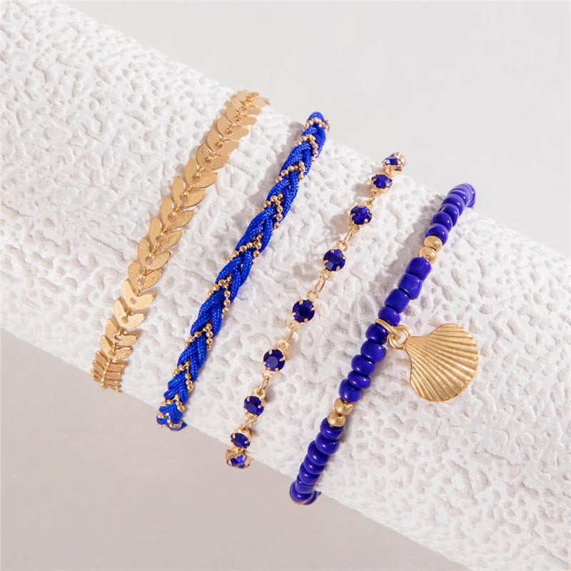 CowLost | 4pcs-set-bohemia-shell-bracelets-for-women-ethnic-style-colorful-zircon-rice-beads-metal-chain-bangles-girl-summer-beach-jewelry |6
