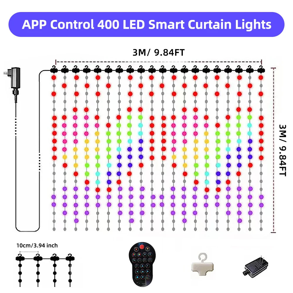 Programmable RGB Smart LED Window Curtain Lights with APP Remote and DIY Text Patterns