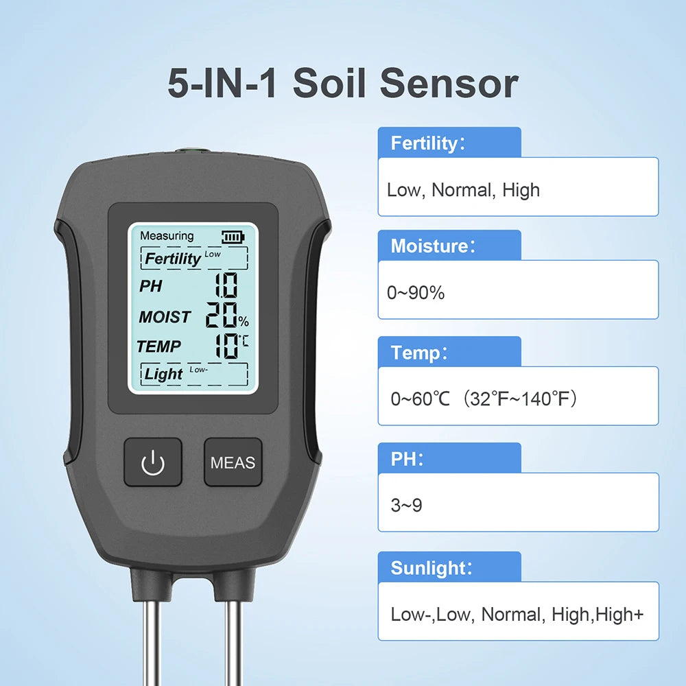 5-in-1 Digital Soil Meter PH Moisture Fertility Temp Sunlight Tester for Garden Greenhouse