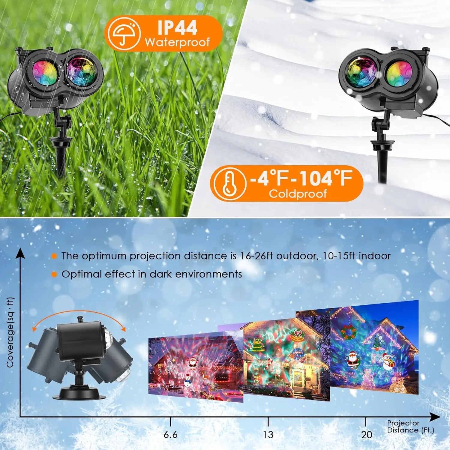 Halloween Christmas Outdoor Projector Lights 16 HD Slides 2-in-1 Water Wave Lamp with Timer & Remote