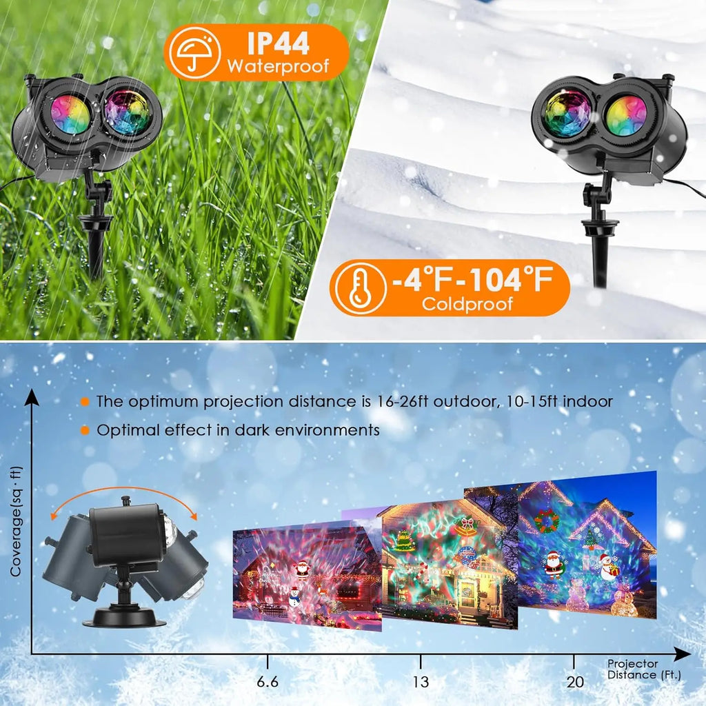 2-in-1 Halloween & Christmas Outdoor Projector Light with 12 HD Slides, Water Wave, Timer & Remote