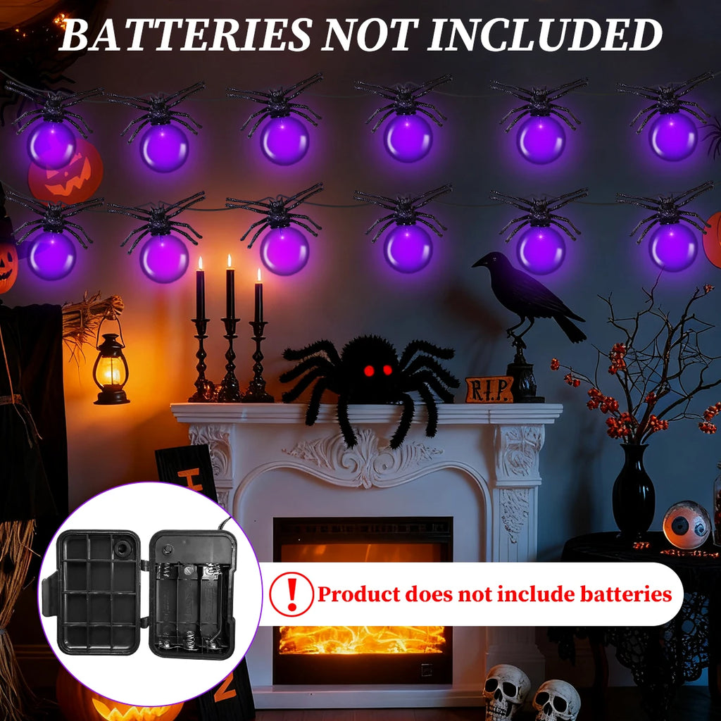 Battery Powered Purple LED Spider String Lights for Halloween and Christmas Decor