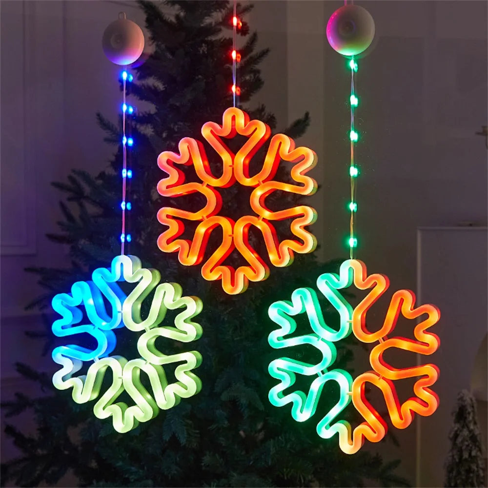 Warm Multi-Color Christmas Snowflake LED Window Lights, 8/12 Modes, Battery Powered Neon Hanging Lamp