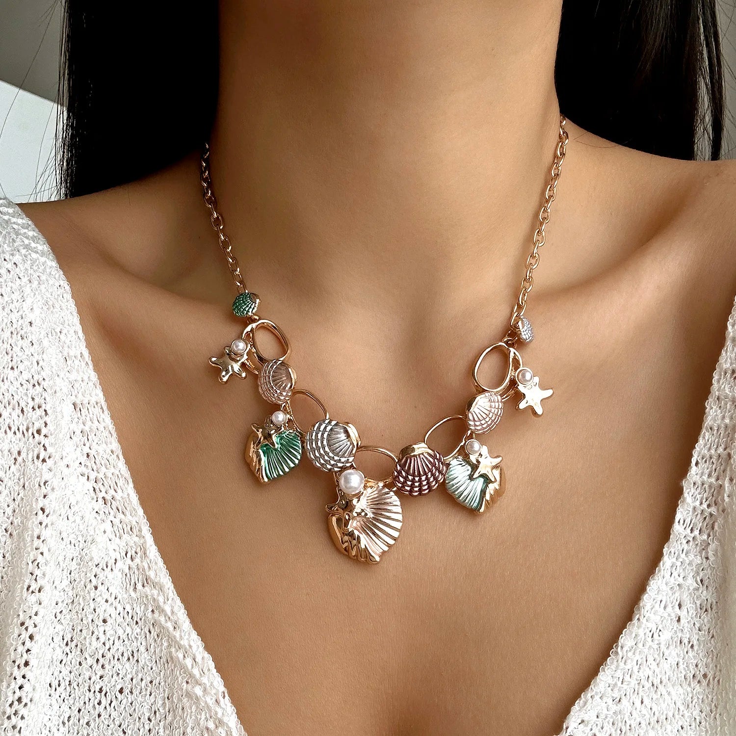 CowLost | boho-starfish-shell-coral-pearl-pendant-necklace-for-women-shiny-crystal-zircon-dripping-oil-beach-clavicle-choker-charm-jewelry |2