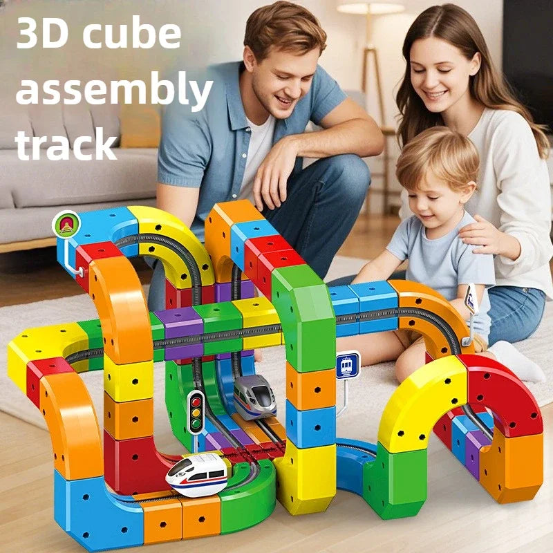Children Magnetic Rail Car Cube DIY Building Blocks Educational Track Train Toy Christmas Gift