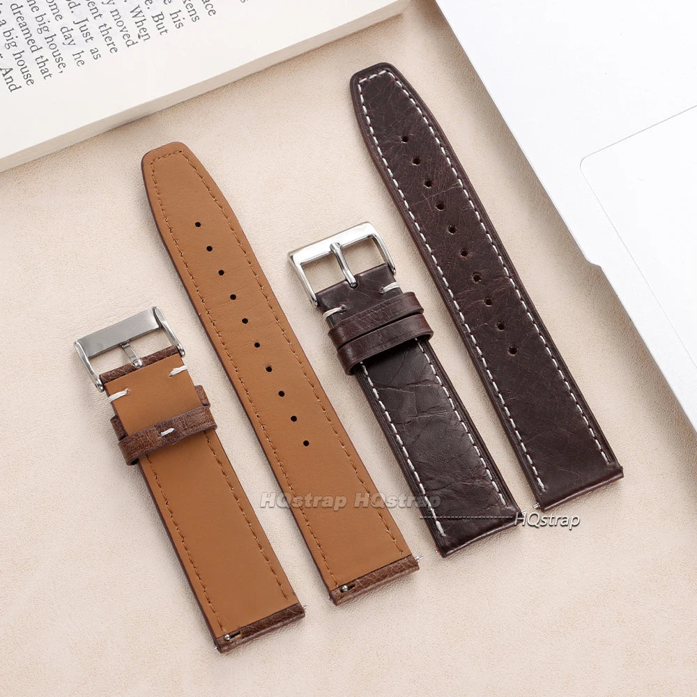 HQstrap Leather Watchband for Seiko 20mm 22mm with Steel Pin Buckle Vintage Strap