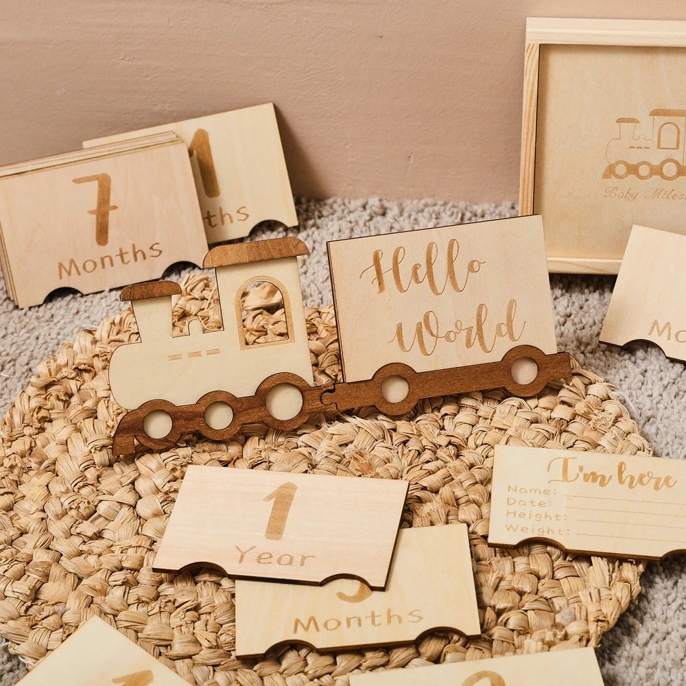 CowLost | baby-transport-accessories-wooden-baby-growth-milestone-cards-1-12-months-with-train-box-photo-props |9