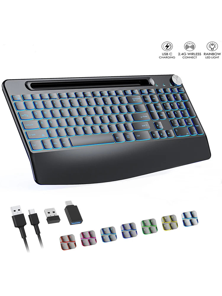 CowLost | product_id-joma-wireless-full-size-keyboard-with-7-color-backlight-wrist-rest-phone-holder-rechargeable-silent-keys |7