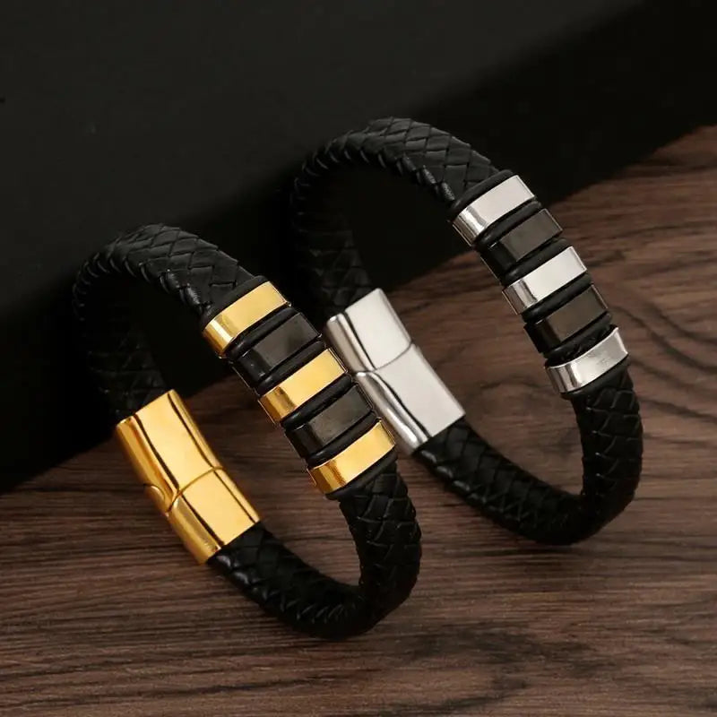 CowLost | punk-men-leather-bracelet-with-stainless-steel-magnetic-clasp-braided-mutilayer |18