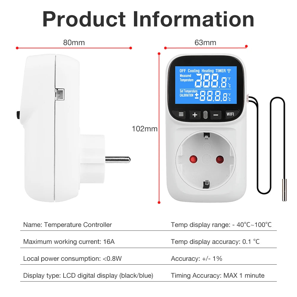 JUANJUAN Tuya Smart WiFi Digital Temperature Controller Socket AC110-240V Thermostat Outlet Heating Cooling Regulator
