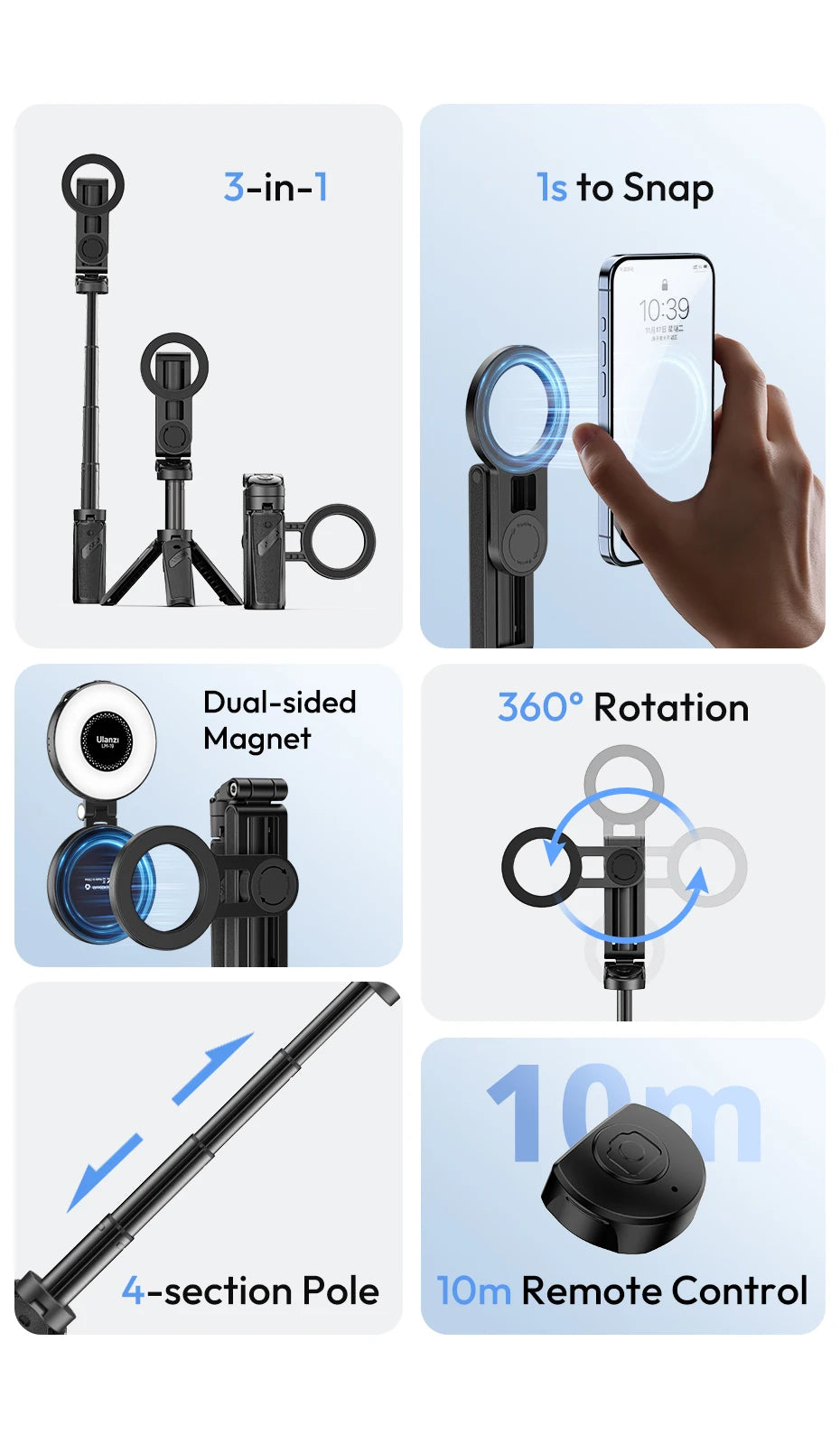 CowLost | ulanzi-jj03-magnetic-phone-tripod-wireless-phone-grip-selfie-stick-desktop-tripod-for-iphone-16-15-14-13-pro-pro-max |7