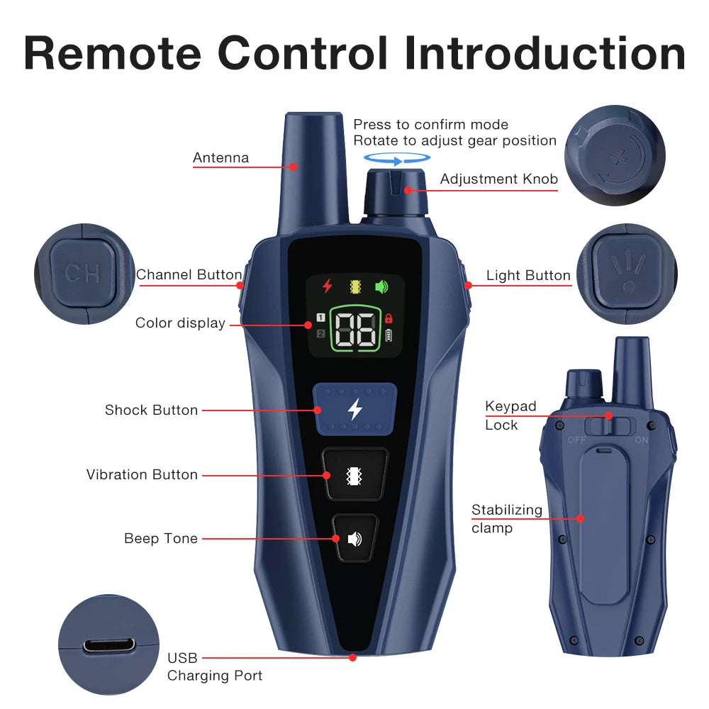 433MHz Waterproof Electric Dog Training Collar with Shock, Vibration & Light Anti-Bark Remote