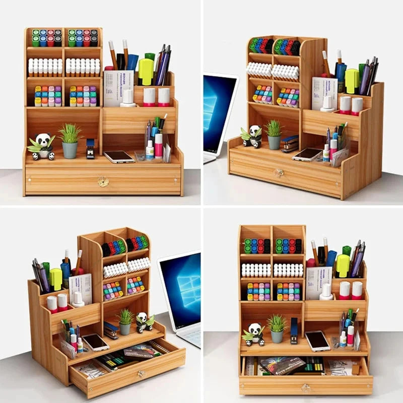 CowLost | wooden-desk-organiser-diy-desktop-tidy-pen-holder-large-capacity-stationery-storage-box-with-drawer-for-home-office-and-school |3