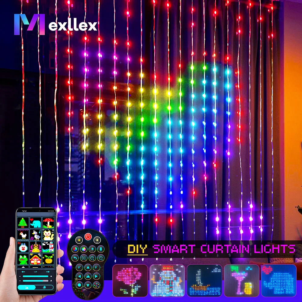 Programmable RGB Smart LED Window Curtain Lights with APP Remote and DIY Text Patterns