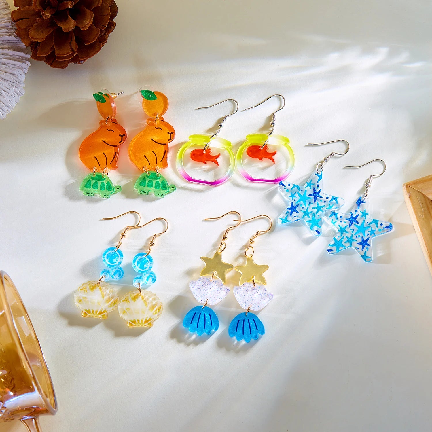 CowLost | fashion-acrylic-starfish-shell-pendant-earrings-for-women-cute-goldfish-turtle-unique-dangle-earring-party-personality-jewelry |2