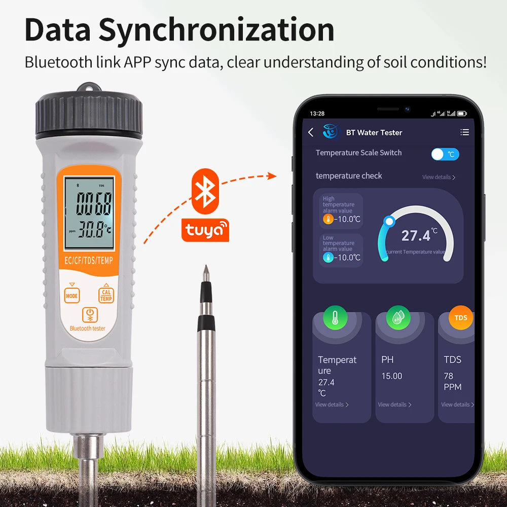 JUANJUAN Tuya Bluetooth 4-in-1 Soil Tester EC TDS CF Temp Digital Soil Nutrient Analyzer for Hydroponics Garden