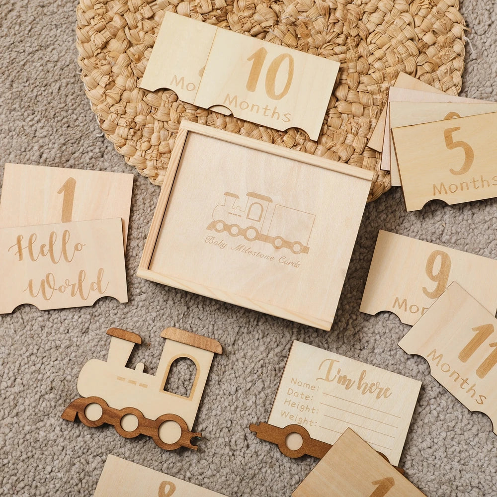 CowLost | baby-transport-accessories-wooden-baby-growth-milestone-cards-1-12-months-with-train-box-photo-props |15