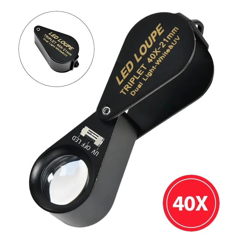 10X 20X 30X 40X Magnifier Loupe With Dual Light White UV LED Illuminated Magnifier Jewelry Diamond Gemstone Eye Glass for Repair