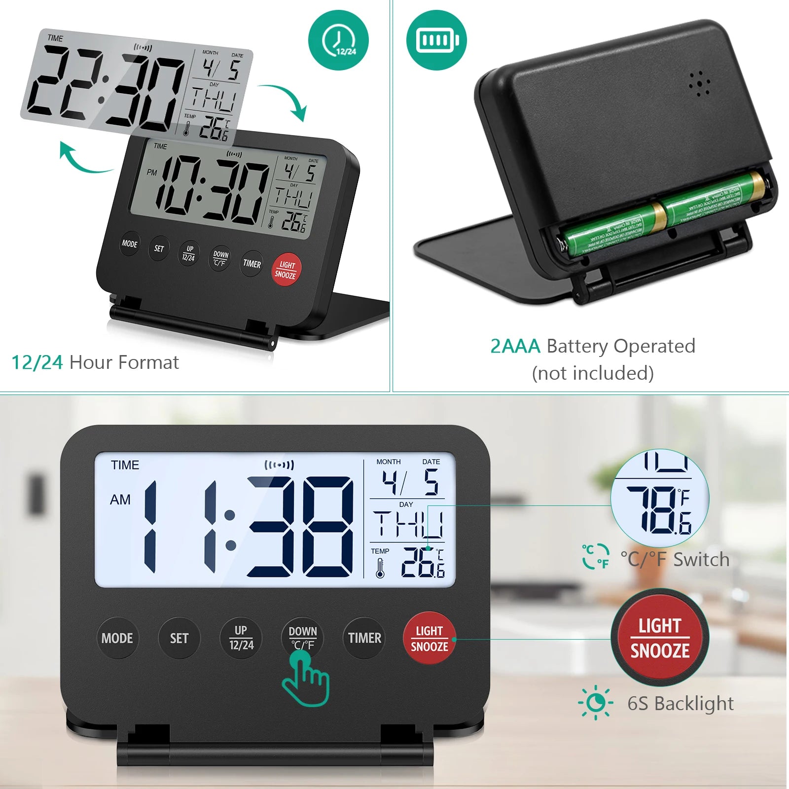 ORIA Digital Foldable LCD Alarm Clock with Calendar, Temperature, Timer – Battery Operated for Travel, Home, Office
