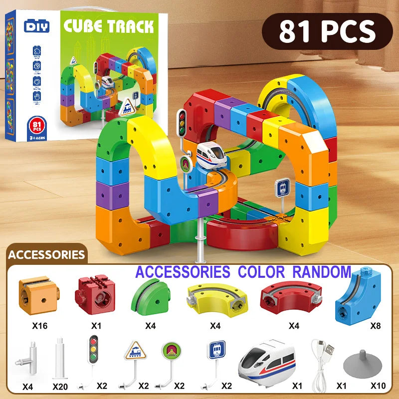 Children Magnetic Rail Car Cube DIY Building Blocks Educational Track Train Toy Christmas Gift