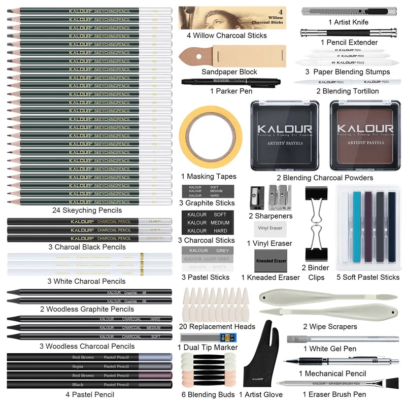 CowLost | product_id-kalour-108pcs-professional-sketching-pencil-set-with-charcoal-sticks-blending-tools-erasers |3
