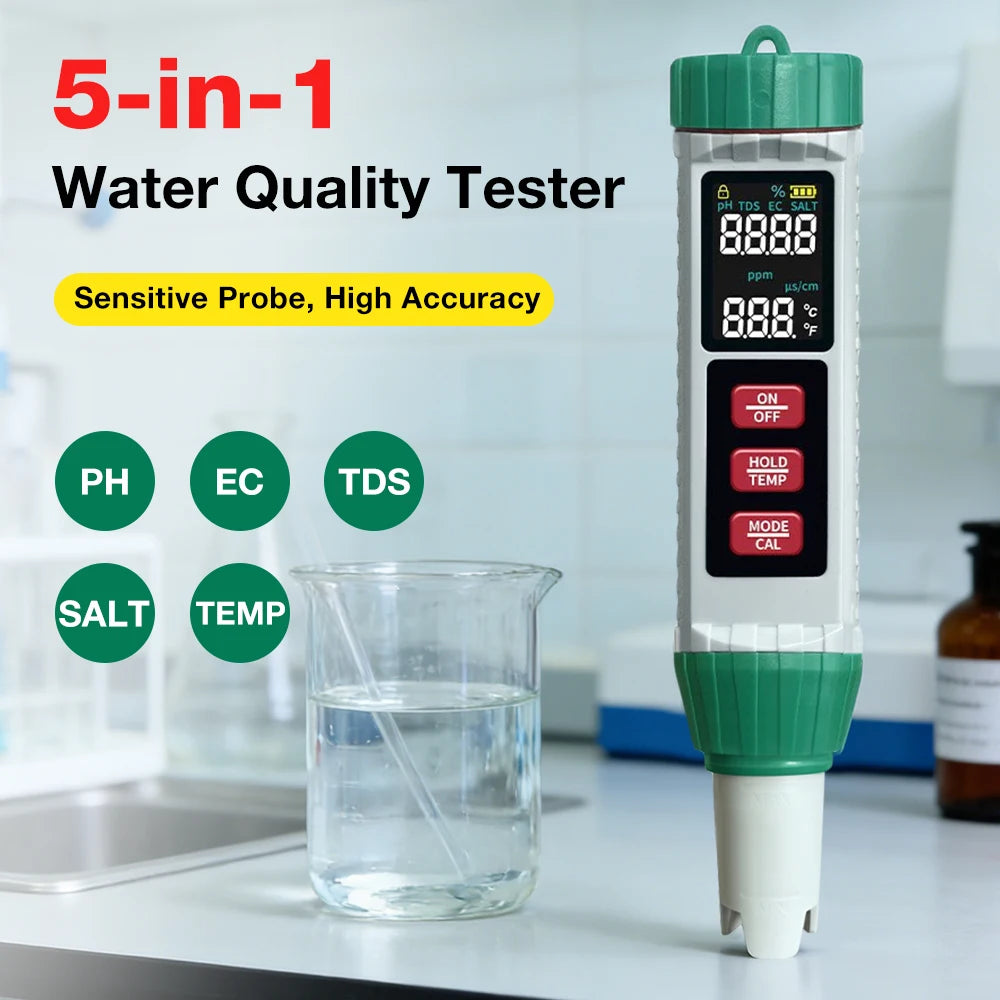 5-in-1 Digital Water Quality Tester PH/EC/TDS/Salt/Temp Meter Portable Test Pen for Pool Aquarium