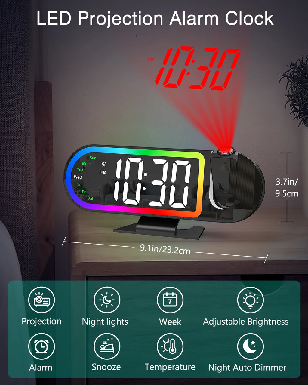 ORIA LED Projection Alarm Clock 8.5" Large Screen Digital Time, Date, Snooze, 17-Color Ambient Light