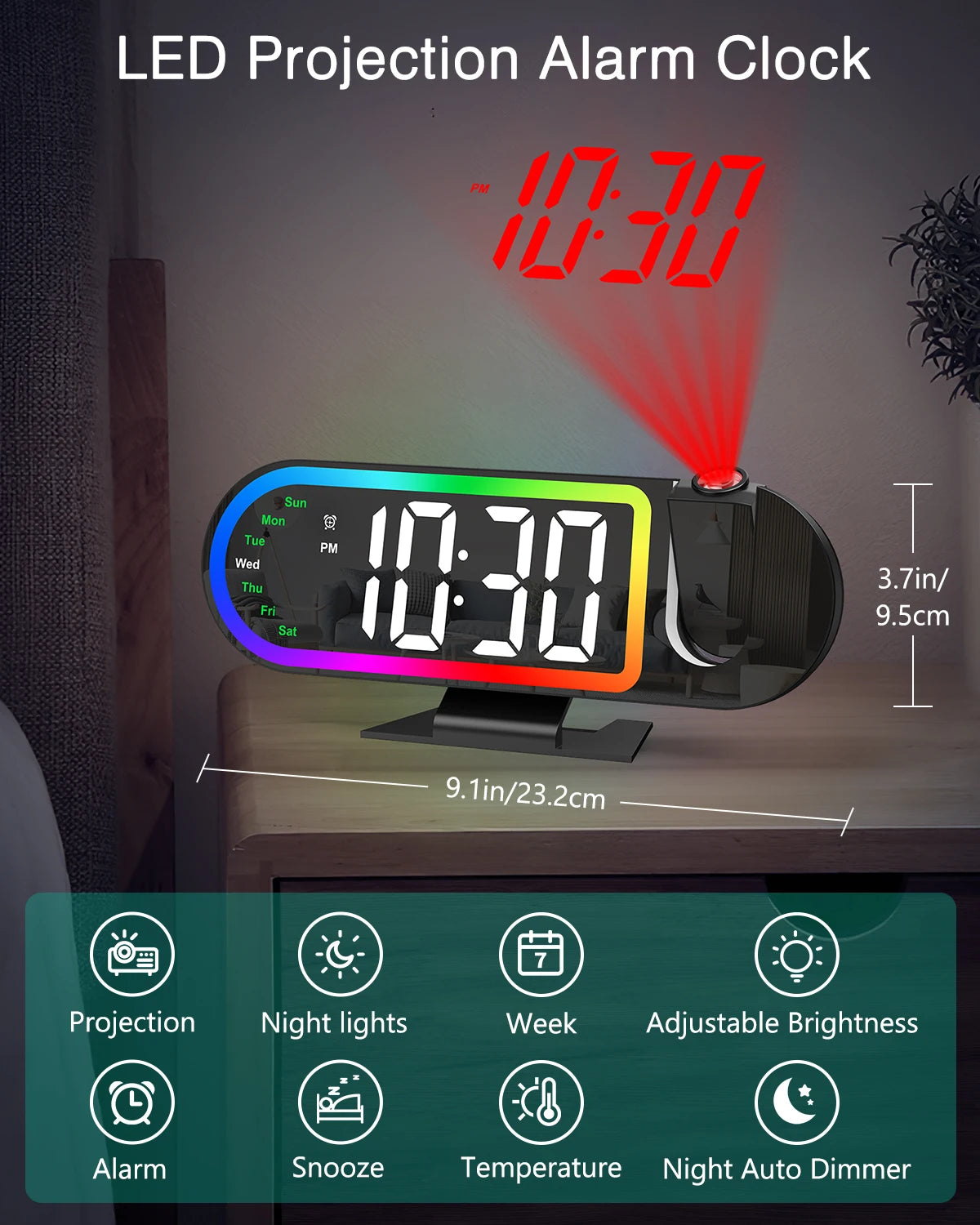 ORIA LED Projection Alarm Clock 8.5" Large Screen Digital Time, Date, Snooze, 17-Color Ambient Light