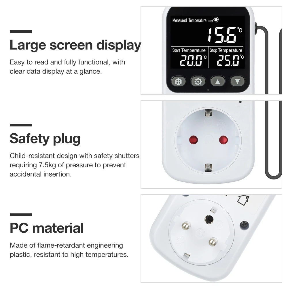 Full View LCD Thermostat Socket 16A 230V Temperature Controller EU Plug Heating Cooling Regulator with Sensor