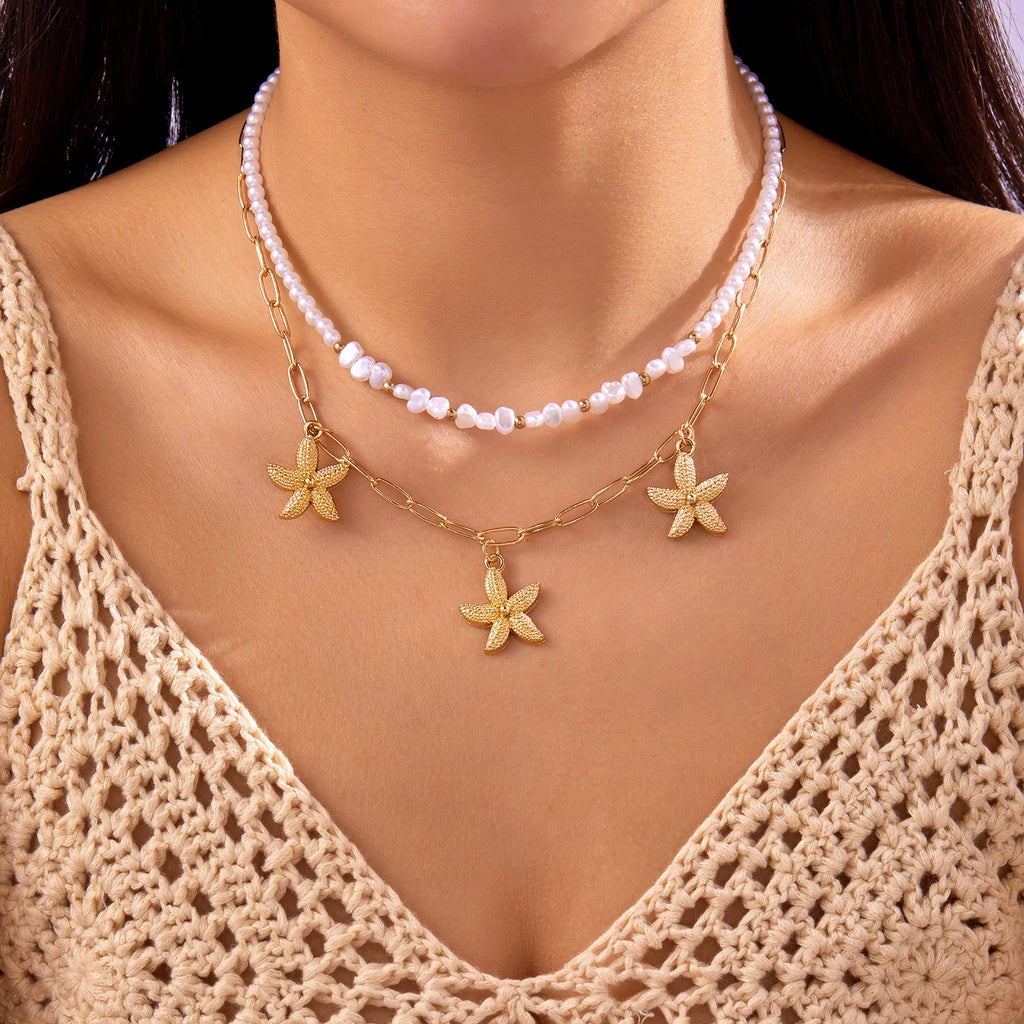 CowLost | bohemia-mulitlayer-ocean-series-necklace-for-women-starfish-shell-pearl-conch-flower-fish-tail-metal-choker-beach-party-jewelry |7