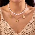 CowLost | bohemia-mulitlayer-ocean-series-necklace-for-women-starfish-shell-pearl-conch-flower-fish-tail-metal-choker-beach-party-jewelry |7
