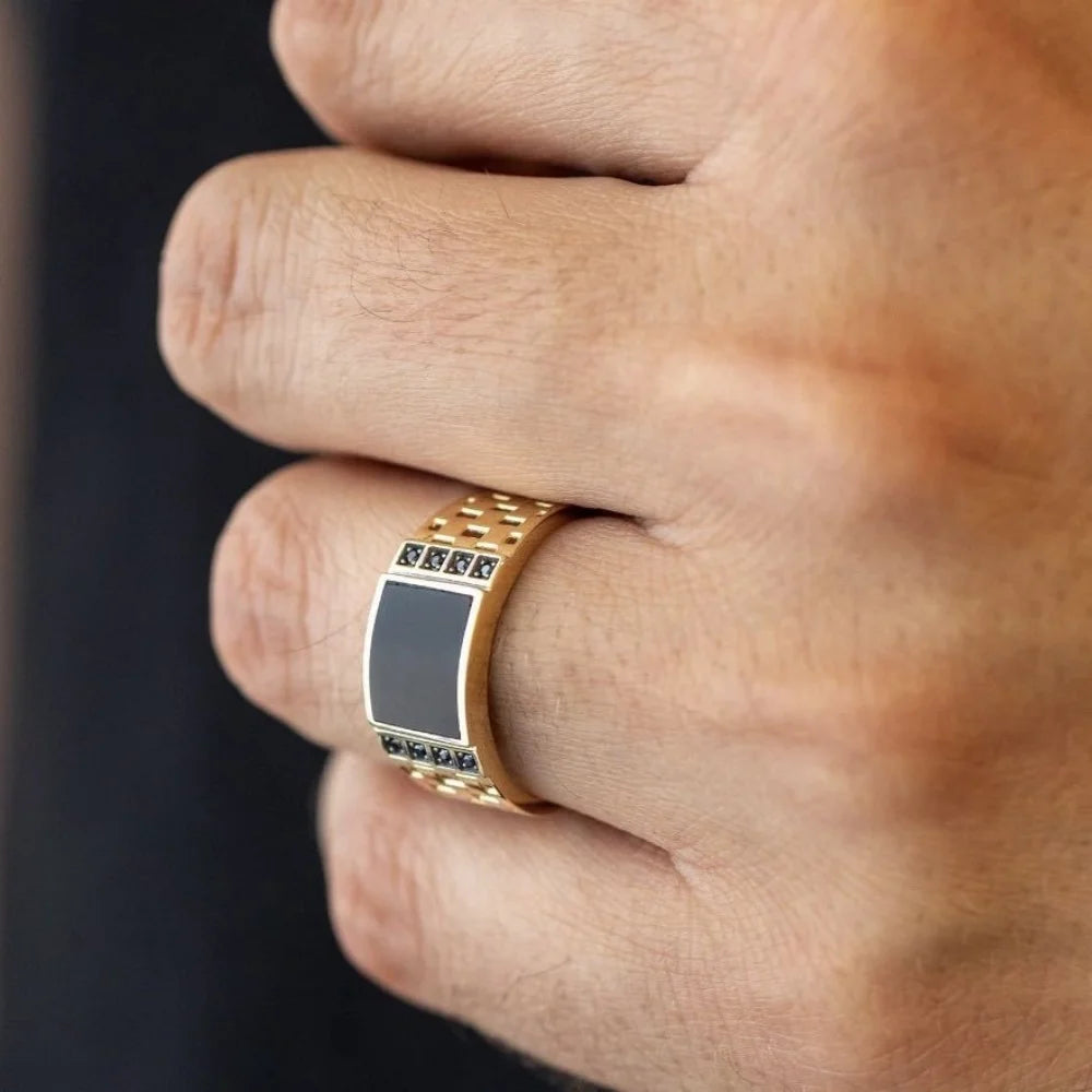 Gold Plated Stainless Steel Men's Black Diamond Drip Oil Ring, Sizes 7-13 Wholesale