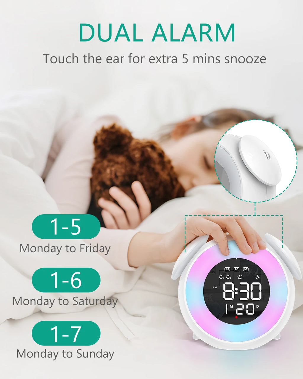 ORIA Kids Digital Alarm Clock with 9-Color Night Light and Dual Alarms for Toddlers