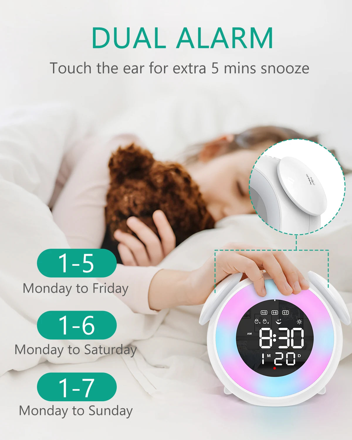 ORIA Kids Digital Alarm Clock with 9-Color Night Light and Dual Alarms for Toddlers