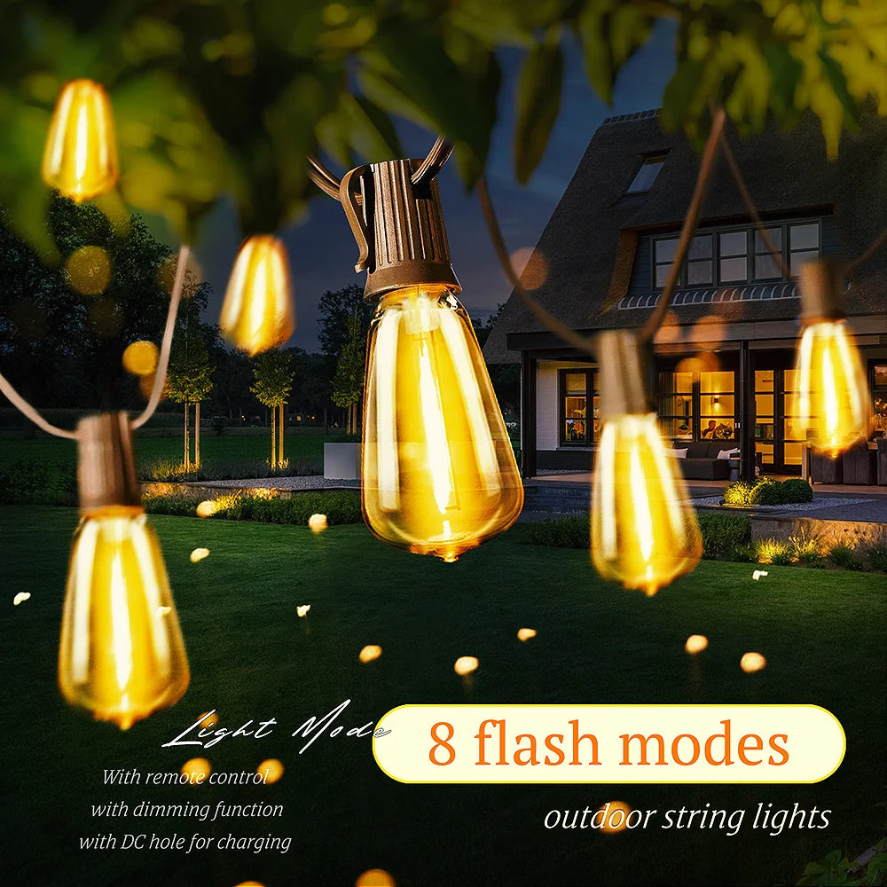 Solar String Lights 12M/9.5M Outdoor with Remote, IP65 Shatterproof ST38 LED Bulbs, 8 Modes for Garden Party