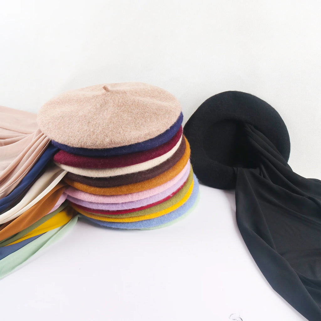 CowLost | musilm-women-french-style-beret-hats-with-chiffon-hijab |4