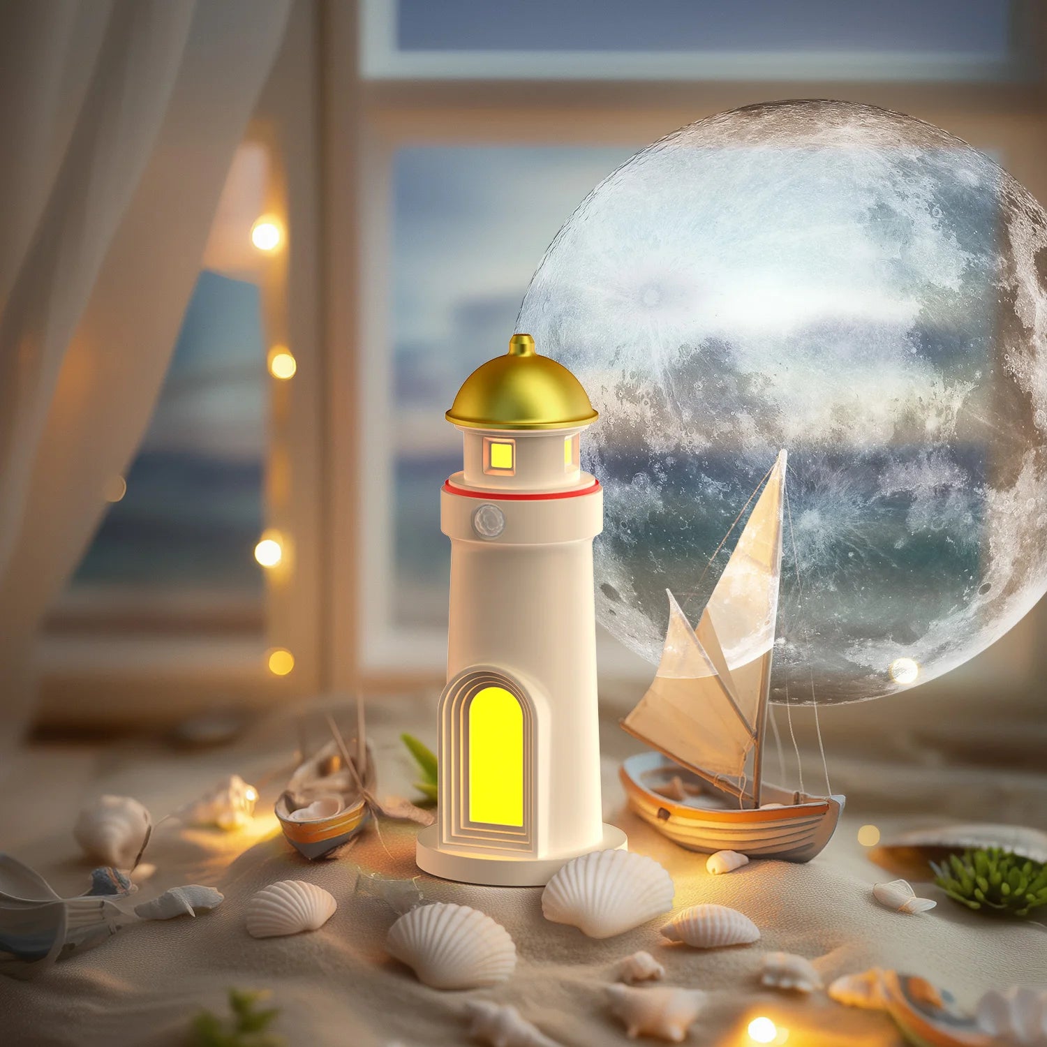 Wireless Rechargeable Motion Sensor Lighthouse Moon LED Night Light for Bedroom Decor