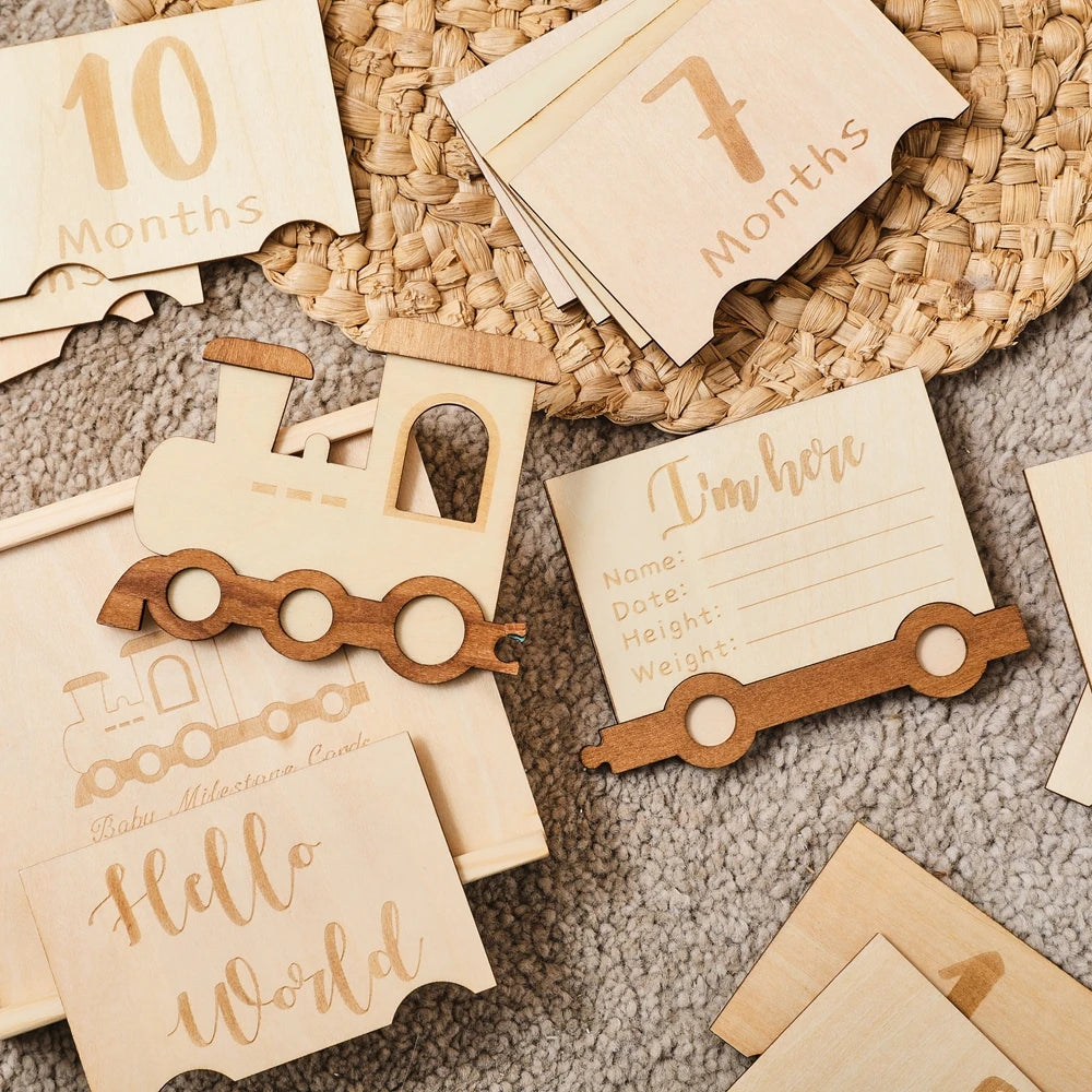 CowLost | baby-transport-accessories-wooden-baby-growth-milestone-cards-1-12-months-with-train-box-photo-props |11