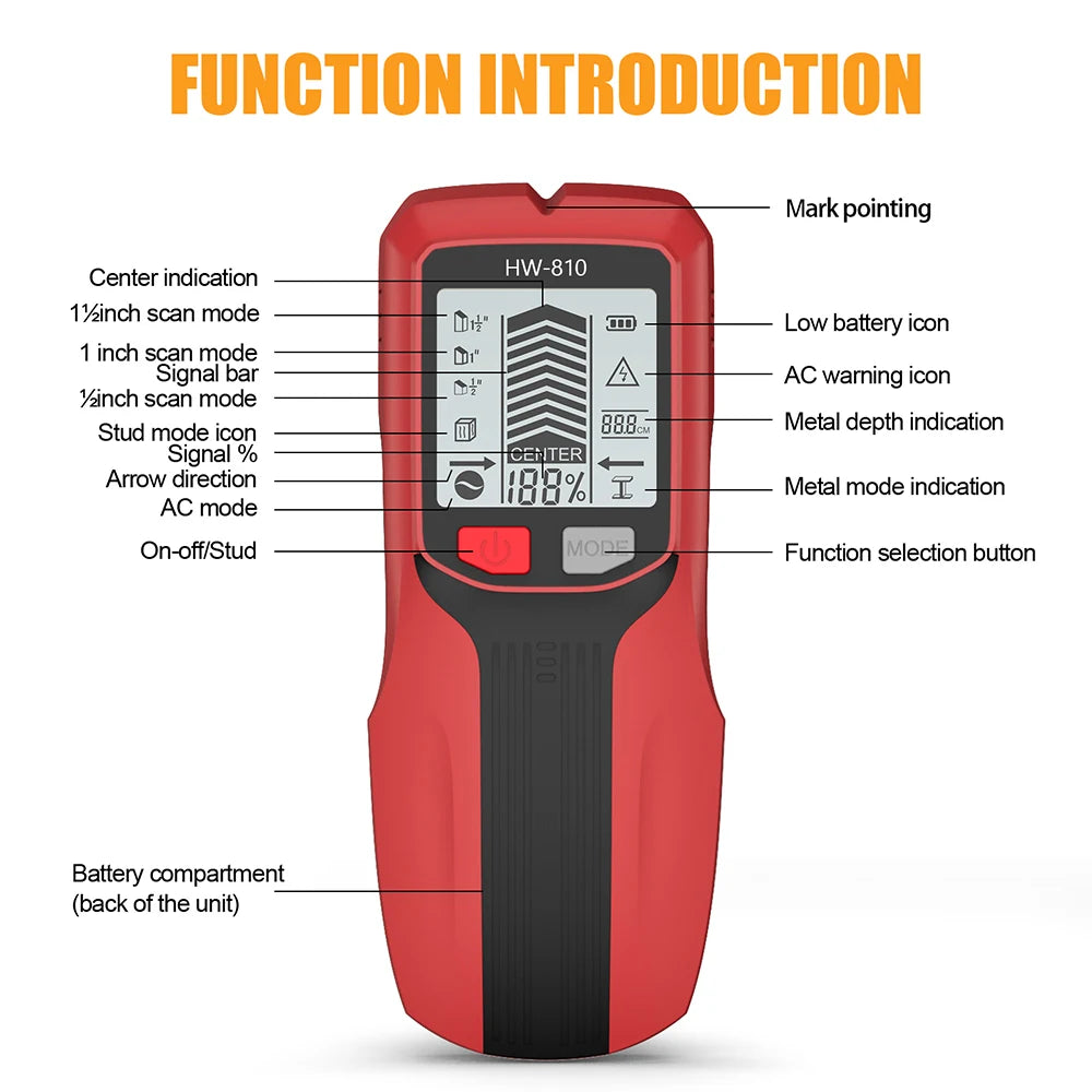 Handheld 6-in-1 Metal Detector Wall Stud Finder Digital Scanner with LCD Display