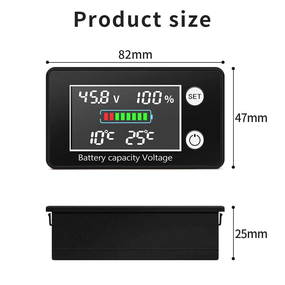 JUANJUAN DC 10V-100V Digital Battery Capacity Indicator LCD Voltage Tester with Temperature Control