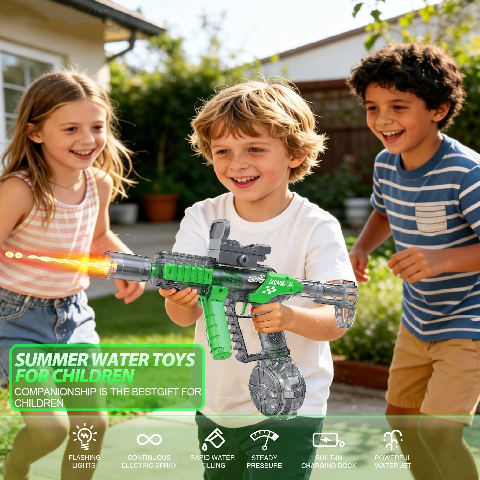 Long Range Electric Water Gun Toy with Automatic Sensor and Muzzle Flame for Kids