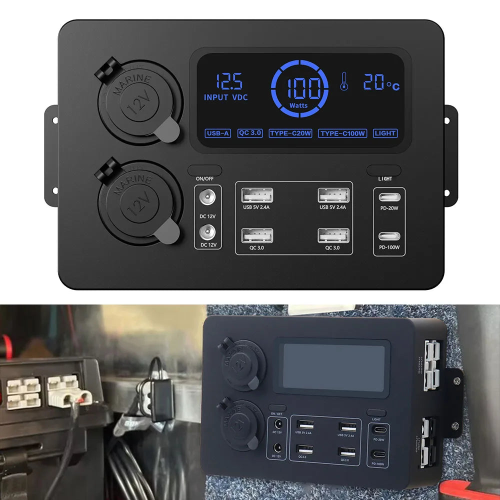 CowLost | portable-control-hub-with-led-lights-with-led-lights-100w-lcd-display-power-box-12v-mini-power-box-adapter-for-rvs-suvs-boats |1